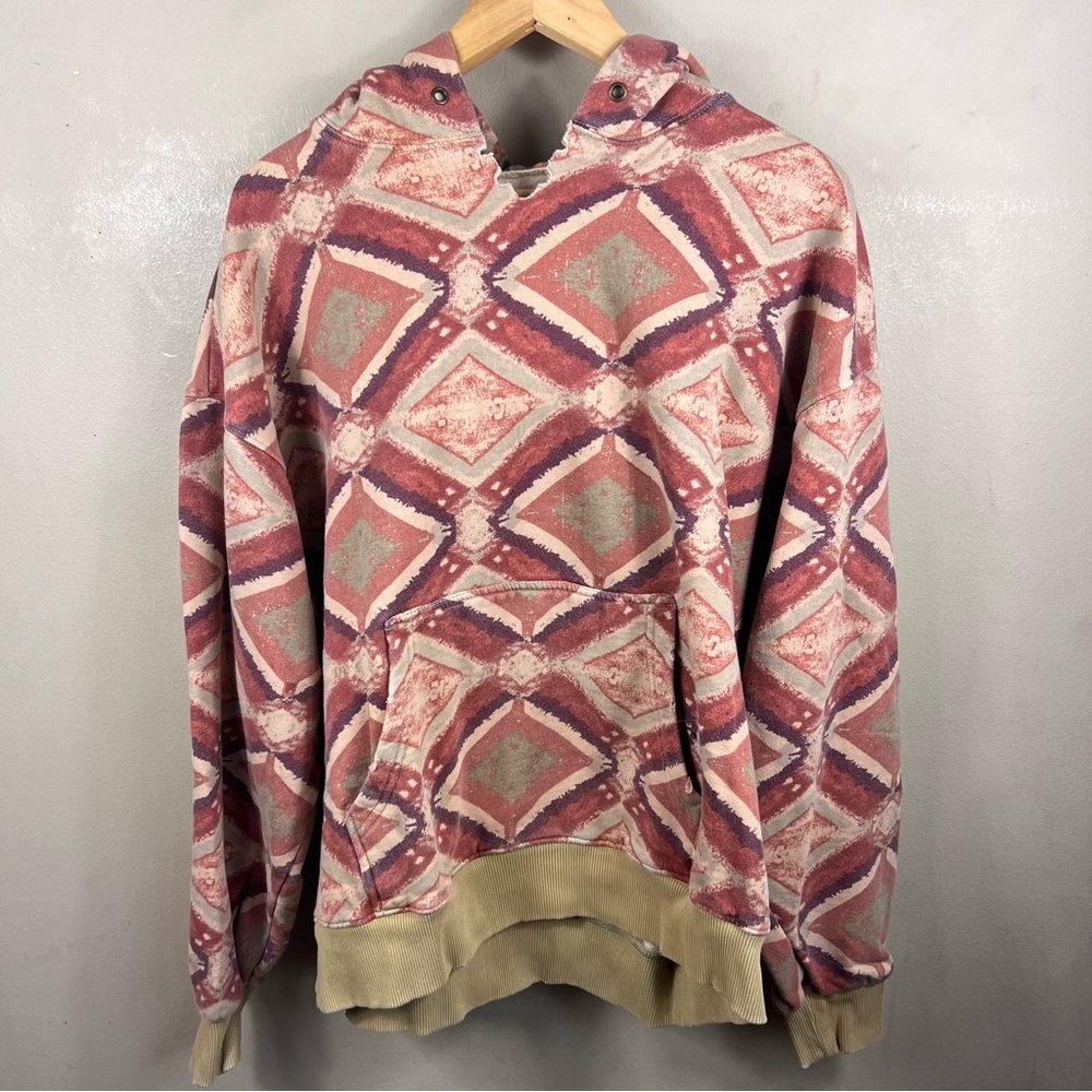 Free People Pink Geo Print Hooded Sweatshirt with Cream Trim